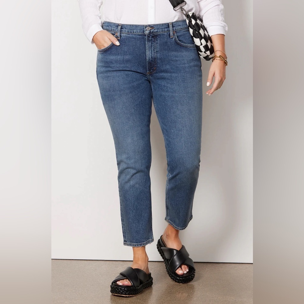 Agolde Willow Mid Rise Slim Straight Jean Cropped Medium Wash Women Size 32 EUC